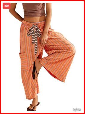 Striped Wide Leg Palazzo Lounge Pants with Pockets Drawstring